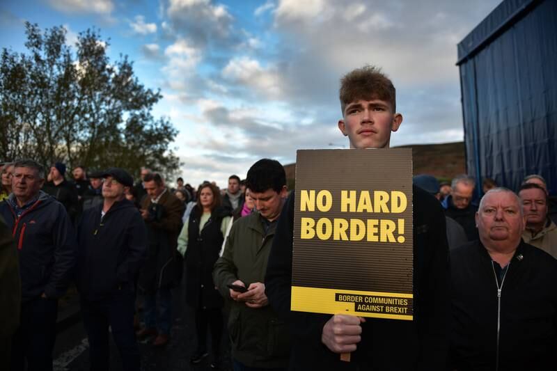 Protestors take part in a demonstration on November 20, 2021 in Newry, Northern Ireland, as fears grew that the UK government will trigger Article 16 which could see a return to a so called hard border. Getty Images