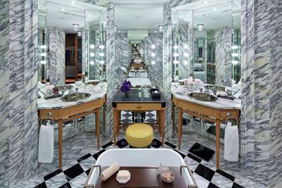 The bathrooms include a luxurious marble-laden double shower and vanity, a statement soaking tub with inbuilt television and an intelligent smart toilet that talks