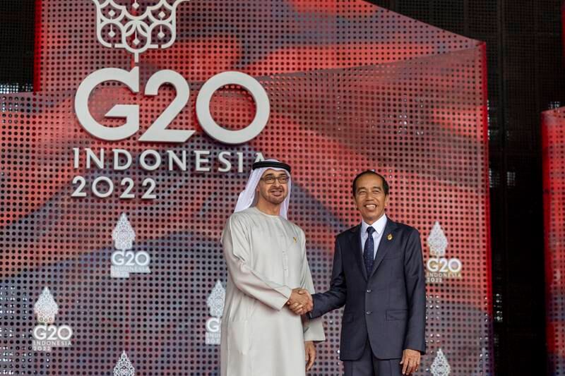President Sheikh Mohamed with Indonesian President Joko Widodo at the G20 summit. All photos: UAE Presidential Court