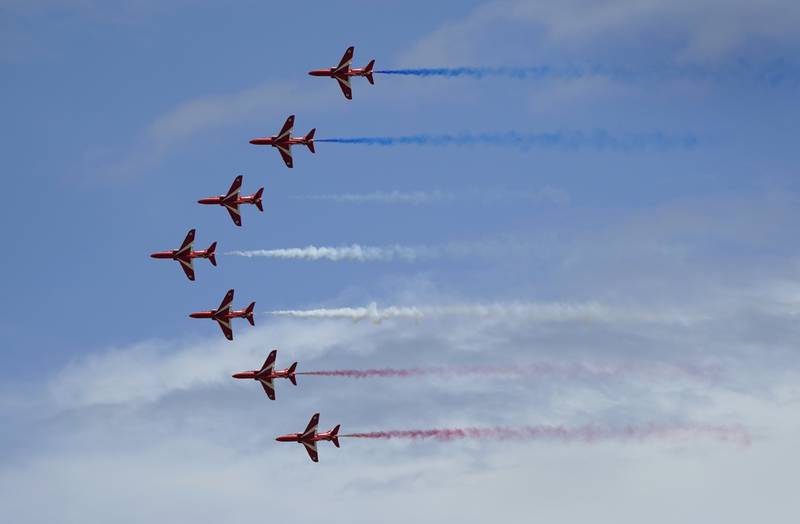 The Red Arrows perform over RAF Odiham in Hampshire, England. PA