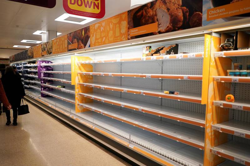 Shelves empty of fresh chicken in a supermarket, as the number of worldwide coronavirus cases continues to grow,  in London, Britain, March 15, 2020. REUTERS/Henry Nicholls