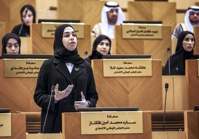 Abu Dhabi, United Arab Emirates, February 11, 2020.  
   Sarah Mohammad Ameen Falaknaz during the FNC Session.
Victor Besa / The National
Section:  NA
Reporter:  Haneen Dajani
