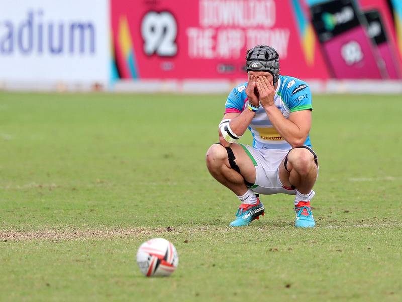 Dubai, United Arab Emirates - December 07, 2019: Rodrigo Costa of Speranza looks gutted after loosing in the game between South Africa 7s Academy and Speranza 22 in the Int Invitational at the HSBC rugby sevens series 2020. Saturday, December 7th, 2019. The Sevens, Dubai. Chris Whiteoak / The National