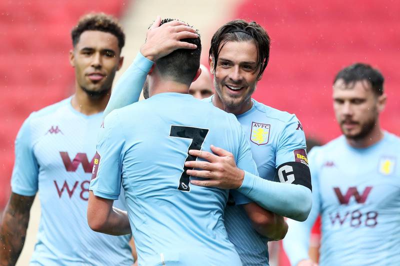 LONDON, ENGLAND - JULY 27:    John McGinn of Aston Villa celebrates with Jack Grealish of Aston Villa after he scores his sides fourth goal during the Pre-Season Friendly match between Charlton Athletic and Aston Villa at The Valley on July 27, 2019 in London, England. (Photo by Naomi Baker/Getty Images)