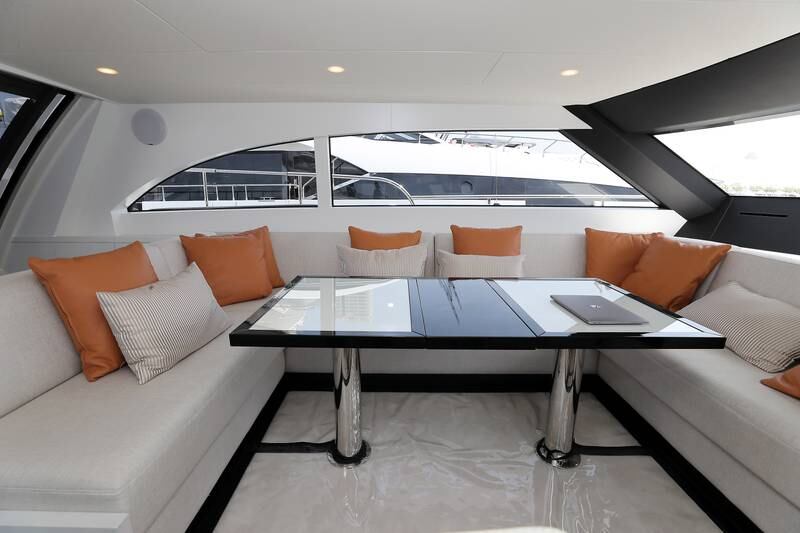 A sitting area on the BeachClub 660 Flybridge yacht at the Dubai International Boat Show.