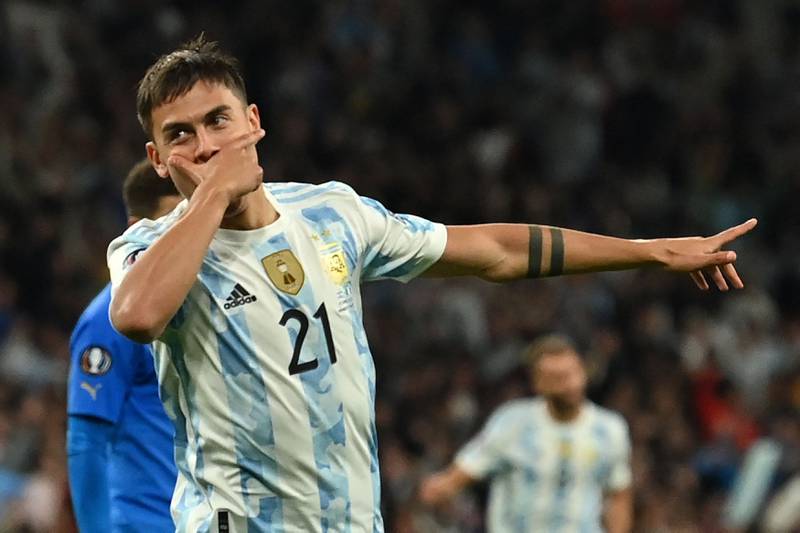 Argentina striker Paulo Dybala celebrates after scoring against Italy at London's Wembley on June 1, 2022.  AFP