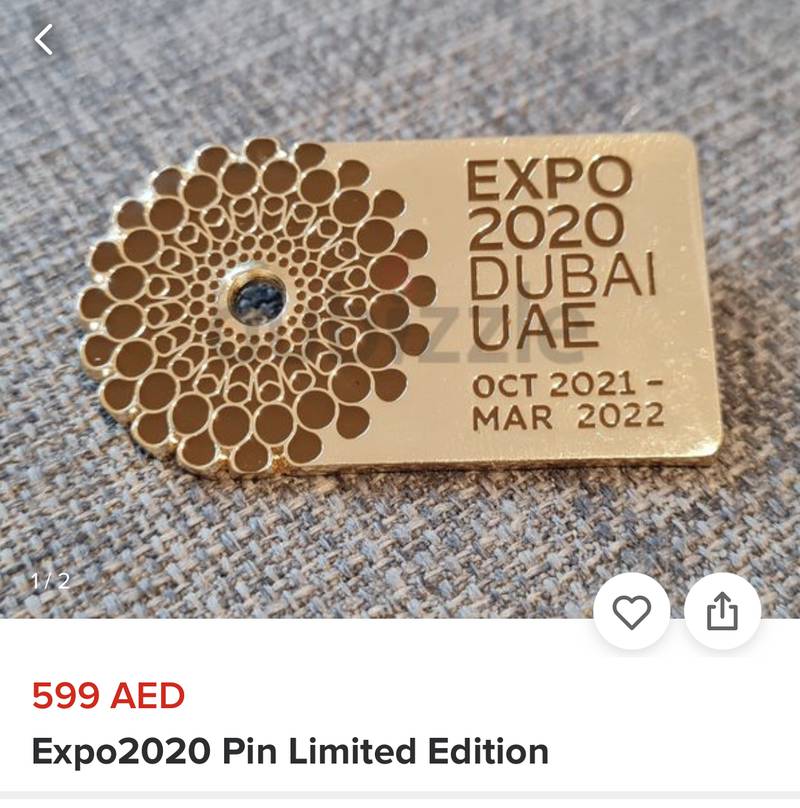 An Expo 2020 Dubai pin being sold for Dh599 on Dubizzle.