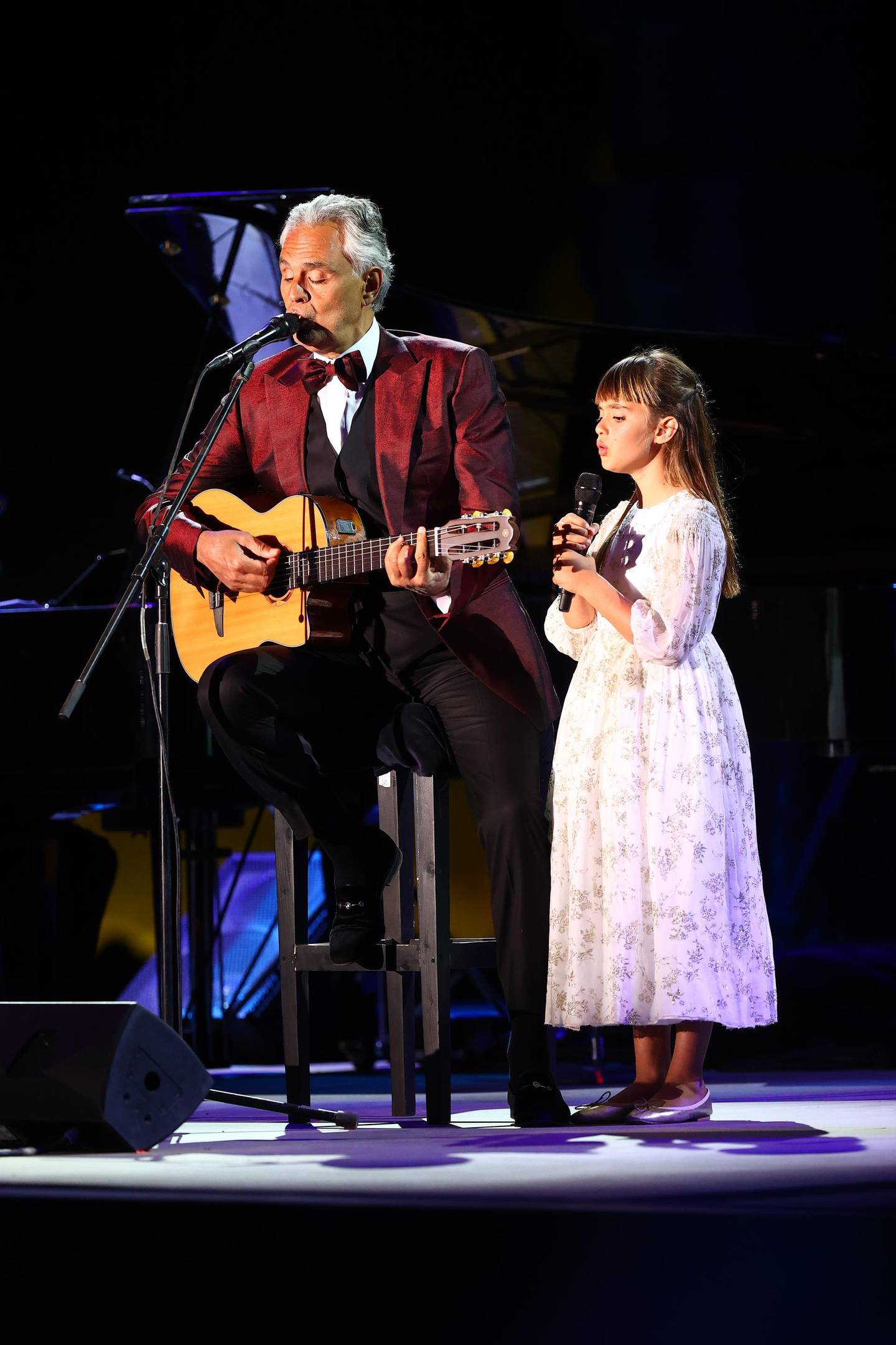 TABUK, SAUDI ARABIA - APRIL 08: Andrea Bocelli performs in concert with his daughter Virginia Bocelli on April 08, 2021 at World Heritage Site Hegra in AlUla near Tabuk, Saudi Arabia. (Photo by Francois Nel/Getty Images for The Royal Commission for AlUla)