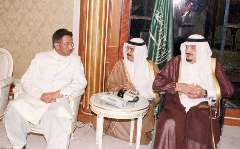 Saudi King Fahd bin Abdulaziz, right, and Crown Prince Abdullah meet Pakistan's new military leader Gen Pervez Musharraf in October 1999 in Riyadh. Reuters