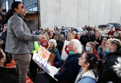 Mosque shooting survivor Abdul Aziz thanks supporters outside the Christchurch High Court after the sentencing hearing for Australian Brenton Harrison Tarrant, in Christchurch, New Zealand. AP Photo
