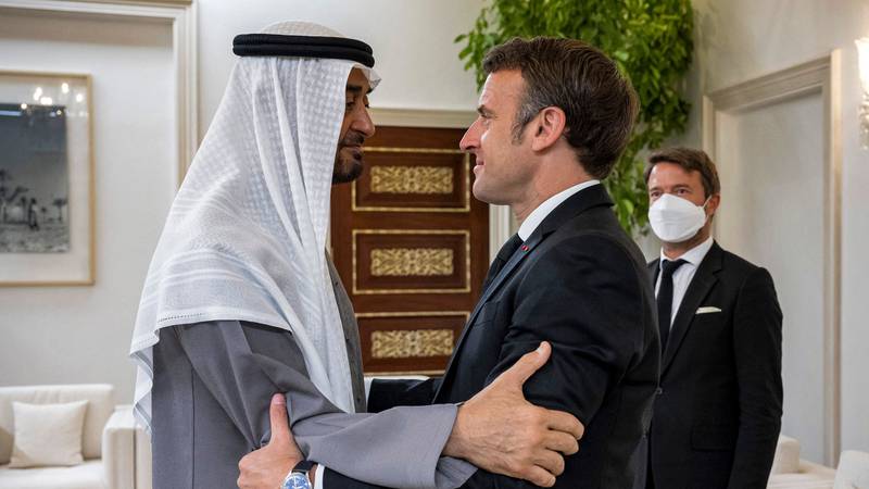 President Sheikh Mohamed receives condolences from French President Emmanuel Macron in Abu Dhabi following the death of Sheikh Khalifa in May.