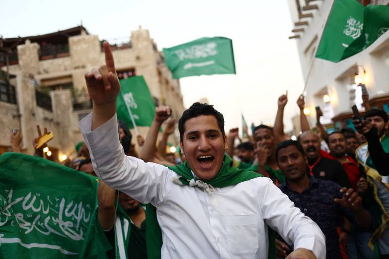 Saudi Arabia fans celebrate in Souq Waqif after the match between Saudia Arabia and Argentina. Reuters