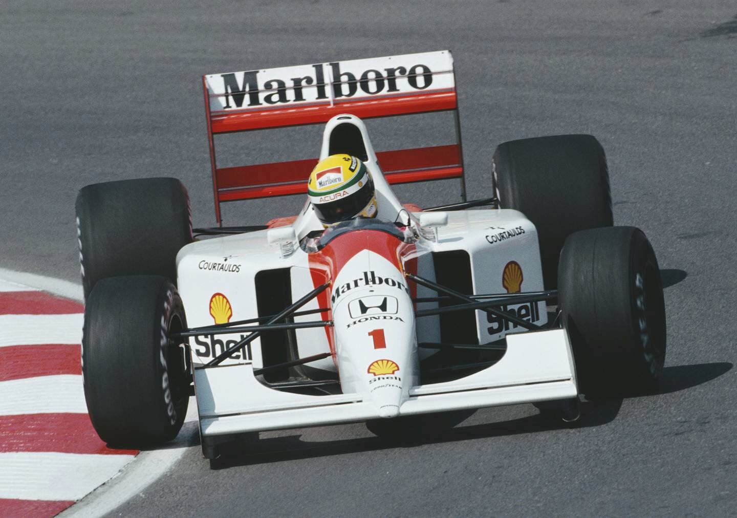 Ayrton Senna driving a Honda McLaren MP4/6 at the Canadian Grand Prix in Montreal, in 1992. Getty Images