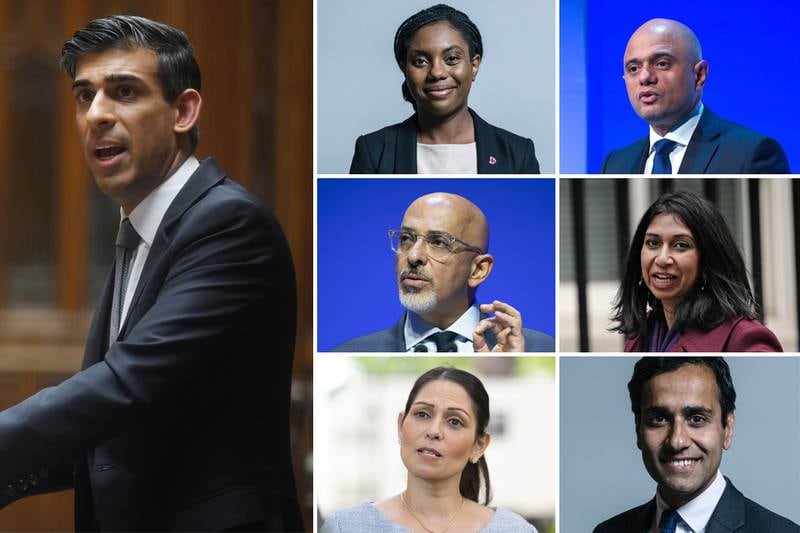 From left, Rishi Sunak, Kemi Badenoch, Sajid Javid, Suella Braverman, Rehman Chishti, Priti Patel and Nadhim Zahawi, who in contention for leadership of the Conservative Party. Priti Patel is yet to announce her candidacy. PA / UK Parliament