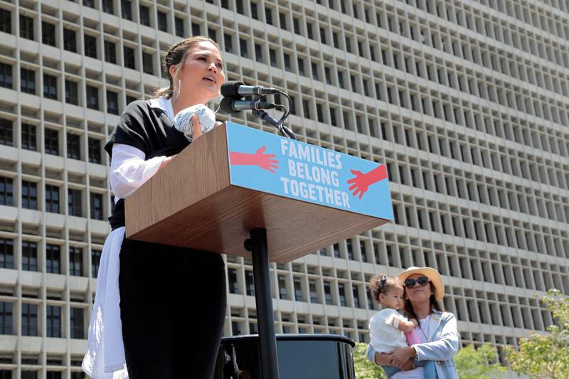 Chrissy Teigen speaks during a national day of action called 'Keep Families Together' to protest the Trump administration's 'Zero Tolerance' policy in Los Angeles, California. Reuters