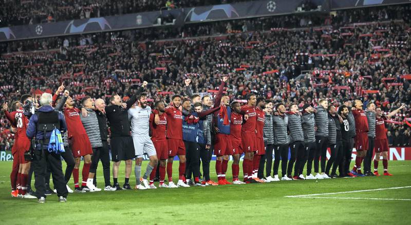 LIVERPOOL, ENGLAND - MAY 07:  Liverpool players celebrate following their sides victory in the UEFA Champions League Semi Final second leg match between Liverpool and Barcelona at Anfield on May 07, 2019 in Liverpool, England. (Photo by Clive Brunskill/Getty Images)