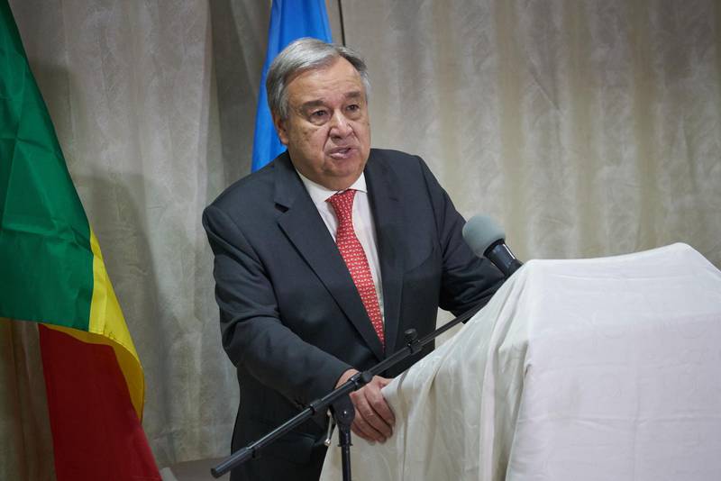 United Nations Secretary General Antonio Guterres speaks at the press conference at the Radisson Hotel in Bamako on May 30, 2018.  Guterres vowed today to pursue support for an anti-terror force gathering five Sahel nations, despite a US rebuff for UN funding. Guterres visited the headquarters of the so-called G5 Sahel on the second and final day of a trip to Mali, in the heart of the jihadist insurgency in the Sahel.
 / AFP / MICHELE CATTANI
