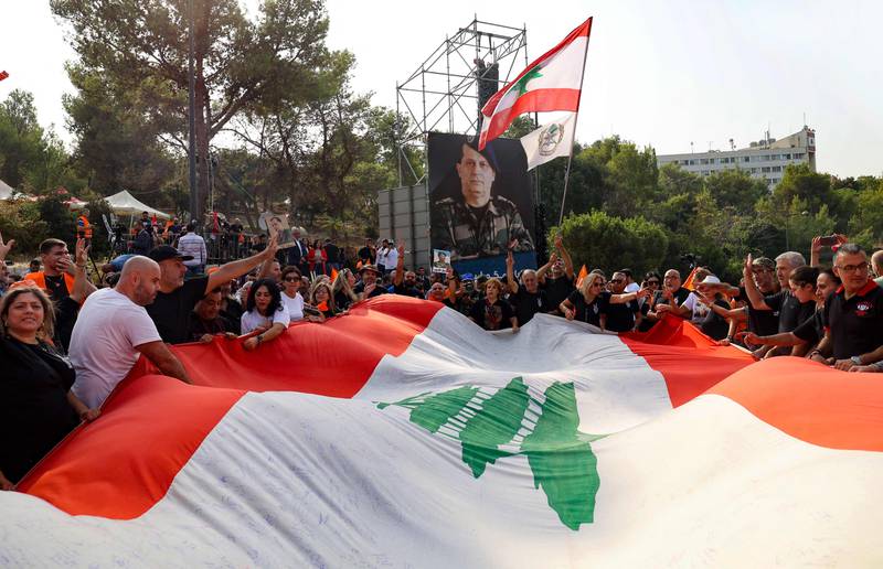 Supporters of Lebanon's President Michel Aoun at the presidential palace in Baabda. AFP