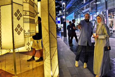 A man interacts with one of the artist from the seven contemporary artists involved in the making of Abwab, the Arabic word for doors,  India "Qissa Ghar" during the Dubai Design Week at the Dubai Design District, Dubai, UAE, on Monday, Nov. 11, 2019.(Photos by Shruti Jain - The National)