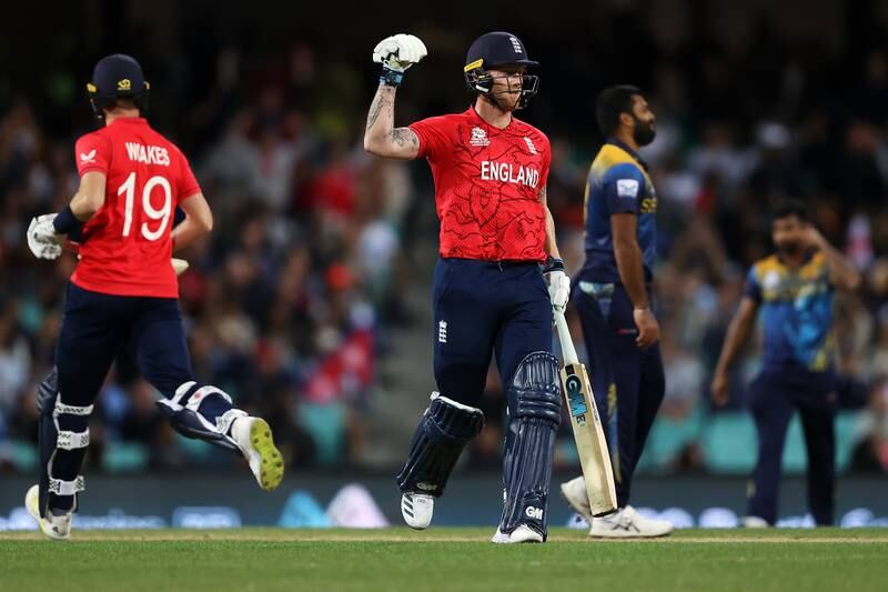 Ben Stokes celebrates England's win over Sri Lanka in Sydney on Saturday that secured spot in the T20 World Cup semi-finals. Getty