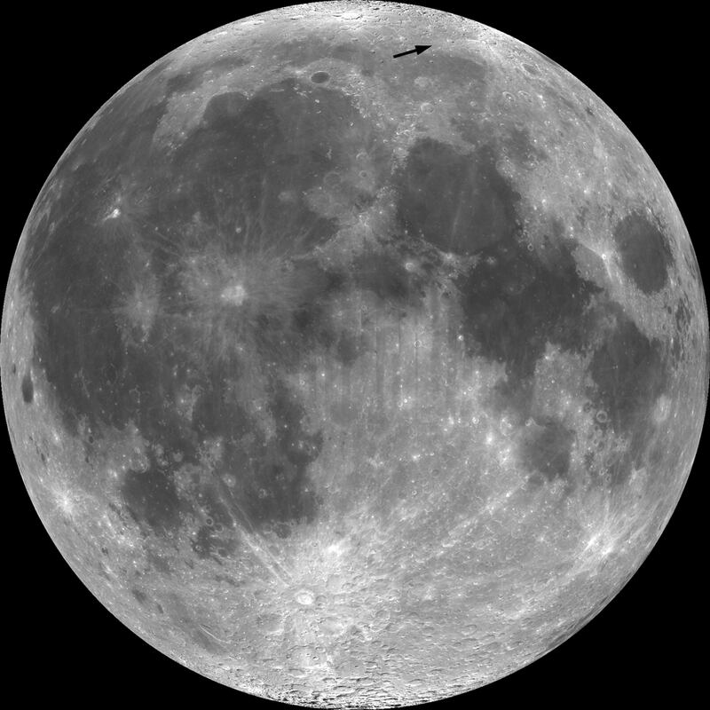 The black arrow points to the Mare Frigoris landing site on the Moon. Photo: Arizona State University