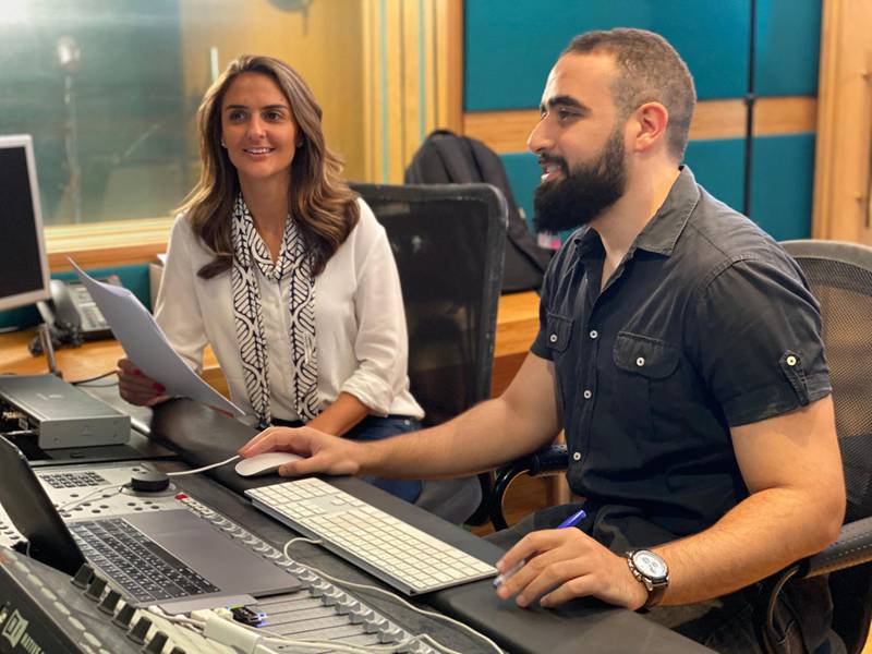 'The Basement' writer and director Omar Adam, left, working in the studio with Finyal Media co-founder and chief executive Leila Hamadeh. Finyal Media