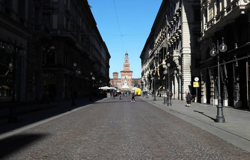 MILAN, ITALY - FEBRUARY 28: Via Dante, one of the most important pedestrian roads of the city center is seen completely empty on February 28, 2020 in Milan, Italy. Italy registered a 25% surge in coronavirus cases in 24 hours, with infections remaining centered on outbreaks in two northern regions, Lombardy and Veneto. But a few cases have turned up now in southern Italy too. In Italy so far 650 people have been infected and 17 have died, officials say, amid global efforts to stop the virus spreading. Italy's Foreign Minister Luigi Di Maio told reporters that an "infodemic" of misleading news abroad was damaging Italy's economy and reputation. Italy's tourism association Assoturismo says March accommodation bookings are down by at least 200m (Â£170m; $219m) because of the virus. Schools, universities, cinemas and Milans famous La Scala opera house have been closed and several public events cancelled. Eleven towns at the centre of the outbreak - home to a total of 55,000 people - have been quarantined. There are fears that the outbreak may tip Italy into economic recession. (Photo by Marco Di Lauro/Getty Images)