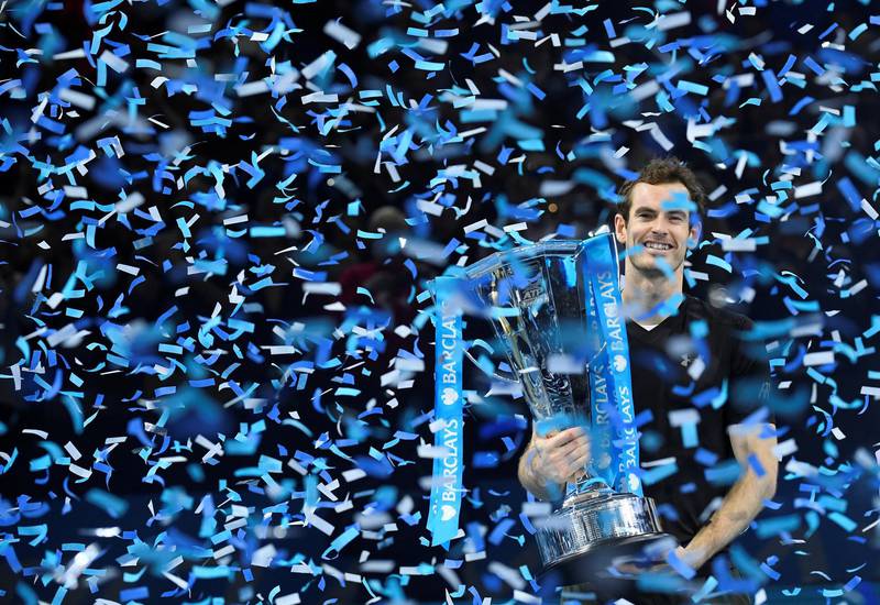 Murray celebrates with the ATP World Tour Finals trophy at O2 Arena, London in 2016. Reuters