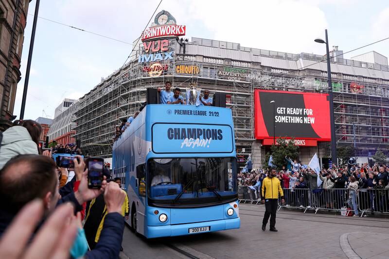 The Manchester City team on the bus parade. Getty