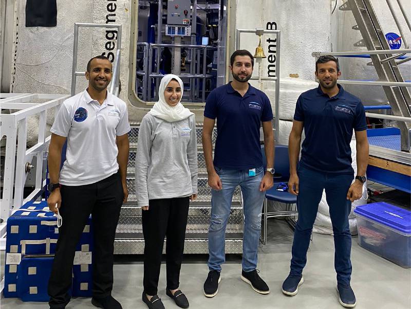 Hazza Al Mansouri, left, Nora Al Matrooshi, Mohammed Al Mulla and Sultan Al Neyadi together for the first time at Nasa's Johnson Space Centre in Houston. Photo: MBRSC