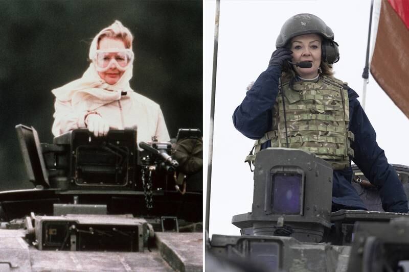 Margaret Thatcher in 1986, and Liz Truss in 2021. AP Photo