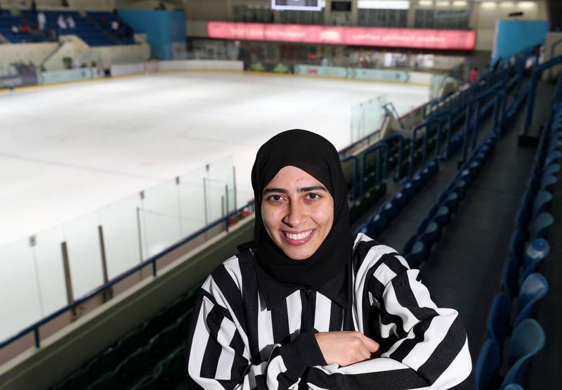 Abu Dhabi, United Arab Emirates - April 3rd, 2018: Fatima Al Ali the first Emirati and Arab female to officiate in a IIHF World Cup. Tuesday, April 3rd, 2018 at Zayed Sports City, Abu Dhabi. Chris Whiteoak / The National