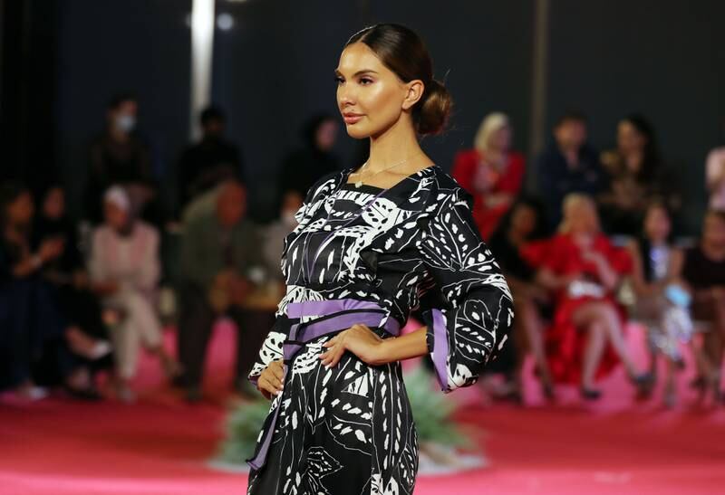 A model walks for Hukka at Dubai Modest Fashion Week. Chris Whiteoak/ The National