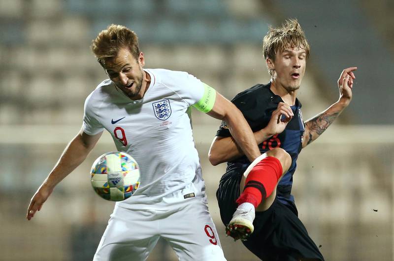 England's Harry Kane in action with Croatia's Tin Jedvaj. Reuters