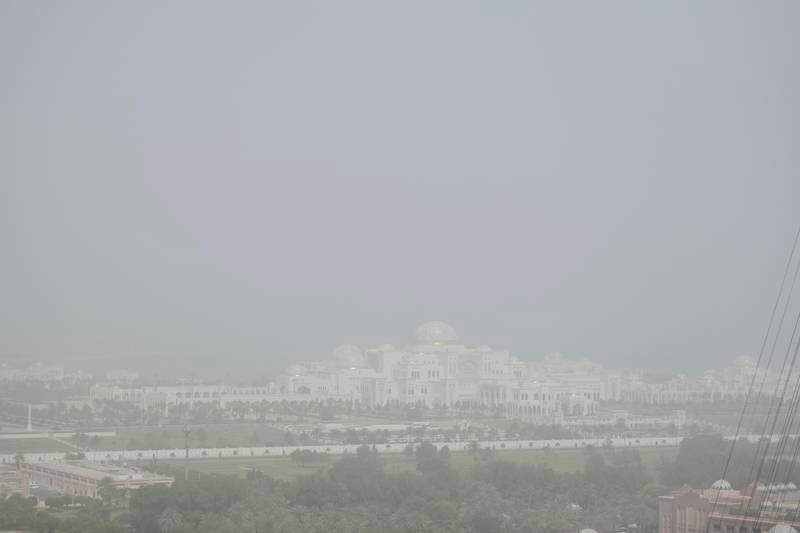 Qasr Al Watan through a haze of sand and dust in Abu Dhabi. Khushnum Bhandari / The National