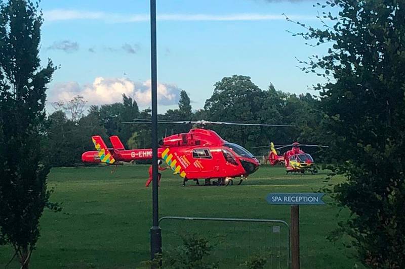 A photograph received courtesy of the Twitter user @Cogp79 shows two air ambulances responding in central Reading following a stabbing incident. AFP PHOTO via Cogp79
