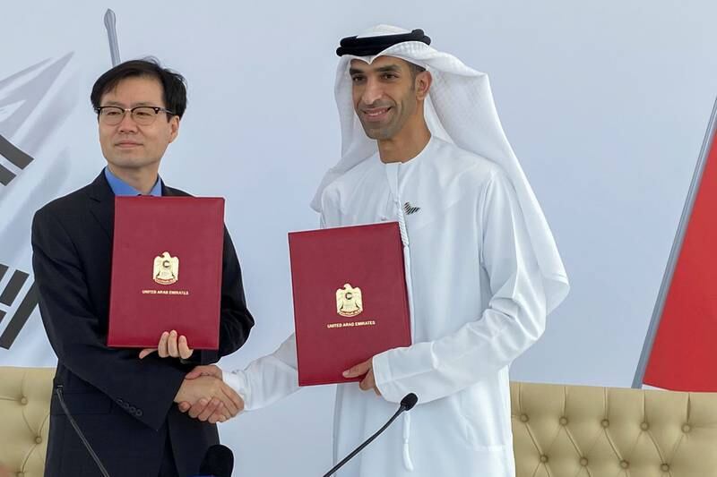 South Korean Trade Minister Yeo Han-koo and UAE Minister of State for Foreign Trade Thani Al Zeyoudi after the announcement of the intent between the two nations to pursue a comprehensive economic partnership agreement.  Reuters