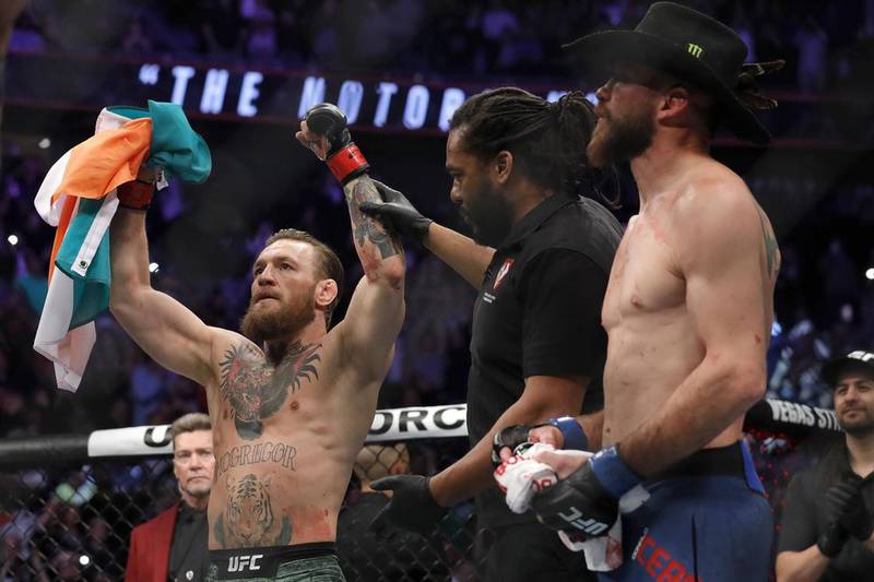 Conor McGregor celebrates his first round TKO victory against Donald Cerrone in a welterweight bout during UFC246 at T-Mobile Arena in Las Vegas in January. AFP
