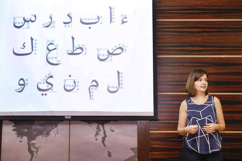 Nadine Chahine, teaches a workshop on Arabic Typography and Calligraphy at the Raffles Hotel Dubai. Antonie Robertson / The National