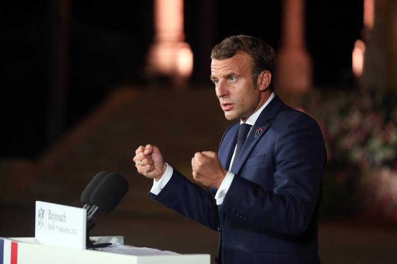 French President Emmanuel Macron speaks at a news conference in Beirut on September 1, 2020, during his second visit to Lebanon after the August 4 port explosion in the capital. Bloomberg