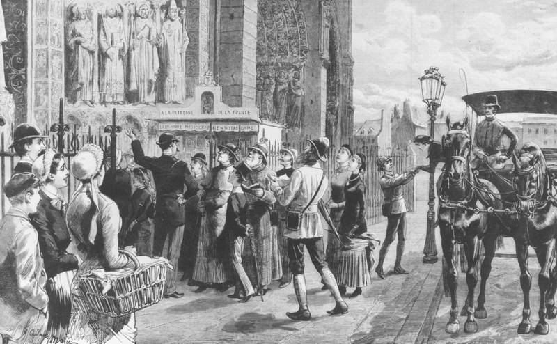 September 1882:  A group of British tourists admire the facade of Notre Dame with the help of a guide.  Graphic  - p. 256-7 - The British Abroad. A sketch at Notre Dame Paris - pub. 1882  (Photo by Hulton Archive/Getty Images)