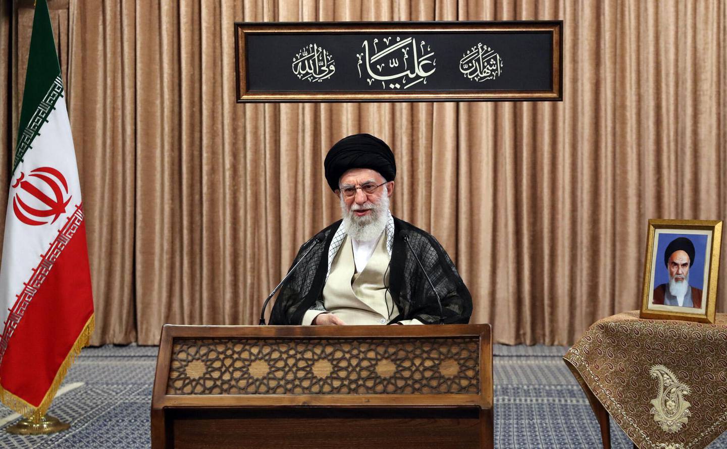 A handout picture provided by the office of Iran's Supreme Leader Ayatollah Ali Khamenei on May 2, 2021 shows him giving a live televised speech in the capital Tehran. Iran's supreme leader slammed as a "big mistake" leaked remarks by his foreign minister, a week after audio emerged of the diplomat bemoaning the military's influence on diplomacy. Top diplomat Mohammad Javad Zarif made the remarks in a three-hour conversation first published by media outlets outside the country a week ago, provoking anger from conservatives. - === RESTRICTED TO EDITORIAL USE - MANDATORY CREDIT "AFP PHOTO / HO / KHAMENEI.IR" - NO MARKETING NO ADVERTISING CAMPAIGNS - DISTRIBUTED AS A SERVICE TO CLIENTS ===
 / AFP / KHAMENEI.IR / - / === RESTRICTED TO EDITORIAL USE - MANDATORY CREDIT "AFP PHOTO / HO / KHAMENEI.IR" - NO MARKETING NO ADVERTISING CAMPAIGNS - DISTRIBUTED AS A SERVICE TO CLIENTS ===
