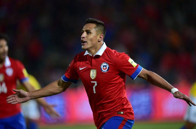 Chile’s Alexis Sanchez celebrates after scoring against Brazil for his team’s second goal in a 2018 World Cup qualifying victory on Thursday night. Martin Bernetti / AFP