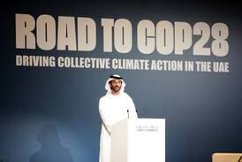 Abdulla Bin Touq, Minister of Economy, speaks during a Road to Cop28 event held in Dubai this week. Pawan Singh / The National