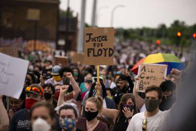 MINNEAPOLIS, MN - MAY 26: Protesters march on Hiawatha Avenue while decrying the killing of George Floyd on May 26, 2020 in Minneapolis, Minnesota. Four Minneapolis police officers have been fired after a video taken by a bystander was posted on social media showing Floyd's neck being pinned to the ground by an officer as he repeatedly said, "I cant breathe". Floyd was later pronounced dead while in police custody after being transported to Hennepin County Medical Center.   Stephen Maturen/Getty Images/AFP
== FOR NEWSPAPERS, INTERNET, TELCOS & TELEVISION USE ONLY ==

