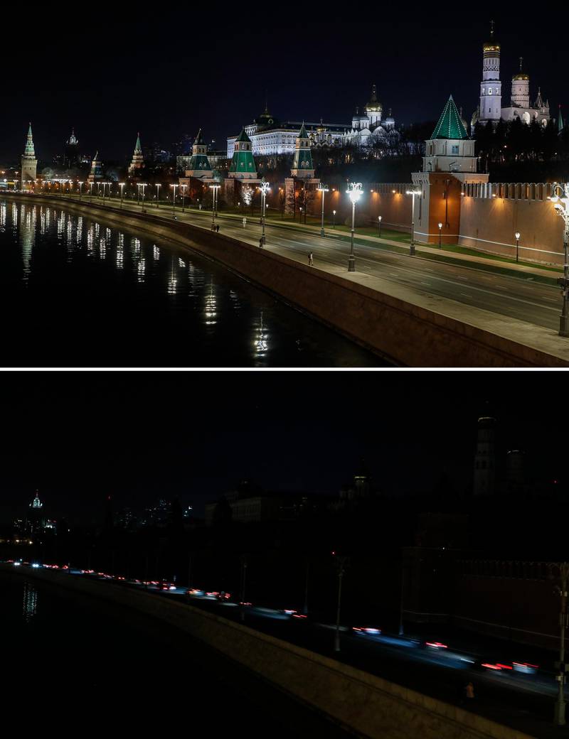 Russia: Moscow's Kremlin with the lights switched on and off to mark Earth Hour. EPA