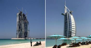 Left: Burj Al Arab under construction in April 1997 and right: Burj Al Arab in 2021. James Davis / Eye Ubiquitous / Corbis and Chris Whiteoak / The National