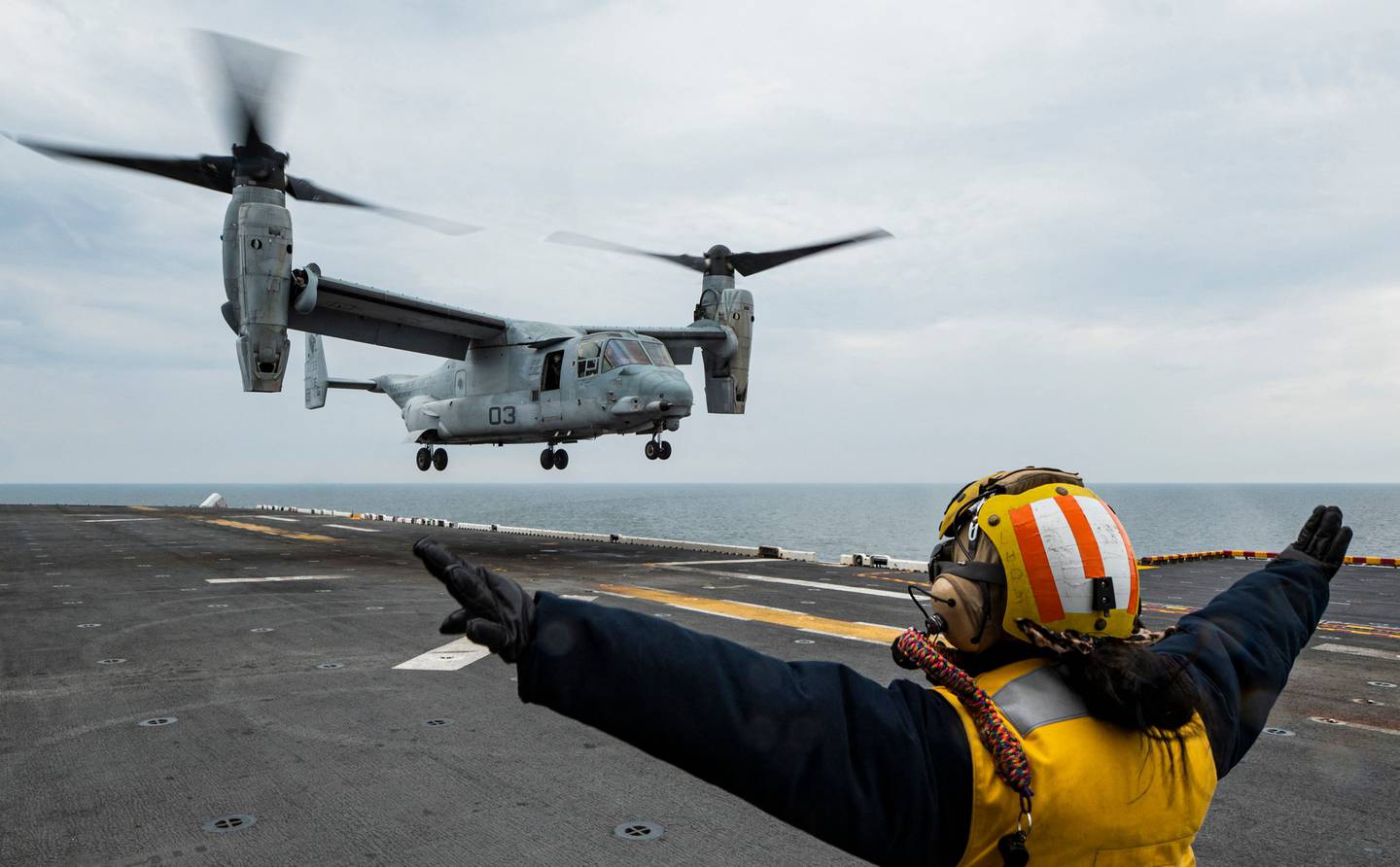 An MV-22 Osprey assault support aircraft prepares to land on the flight deck of the 'USS Kearsarge' during military exercises in the Baltic Sea. AFP