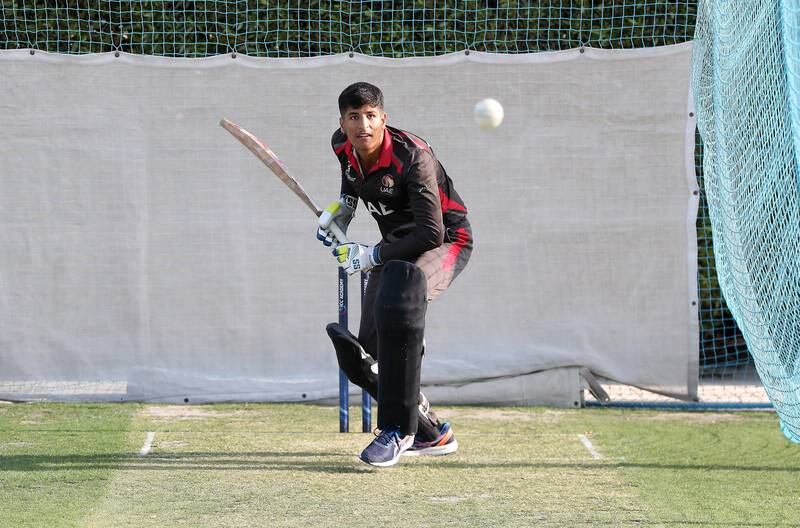 Dhruv Parashar faces a delivery at a UAE Under 19 cricket training session in Dubai. Pawan Singh / The National