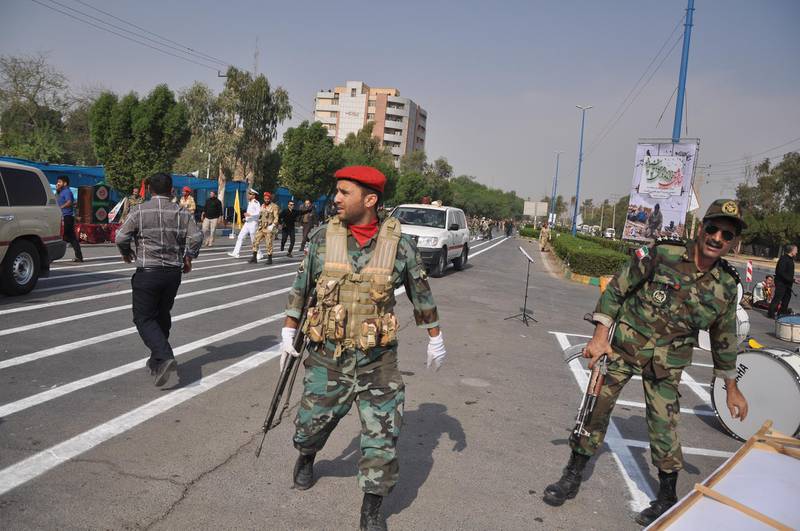 Iranian soldiers patrol after the terror attack at a military parade in the city of Ahvaz. EPA